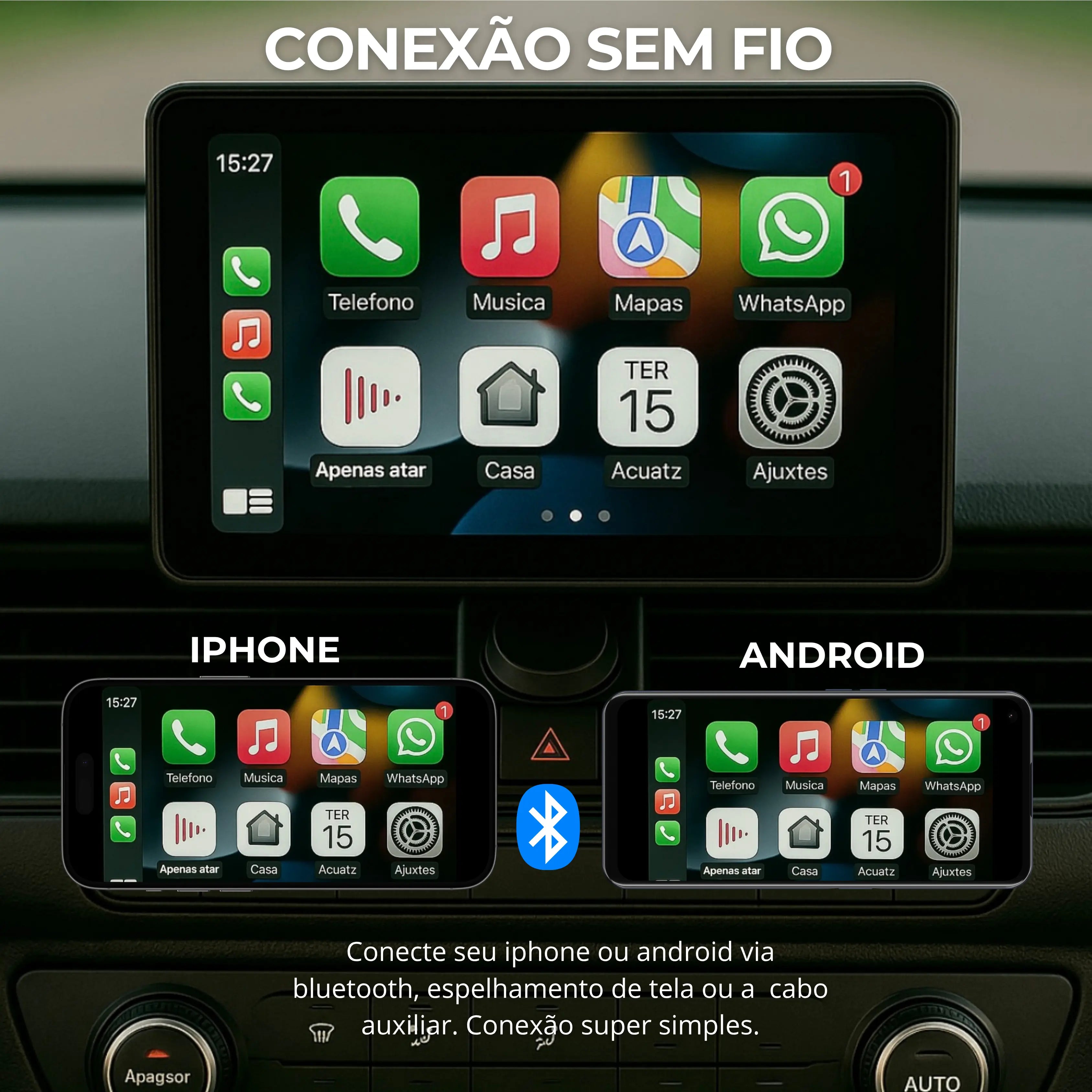 Multimídia Conecte Play Pro - Carplay Portátil Universal + Câmera de Ré de Brinde